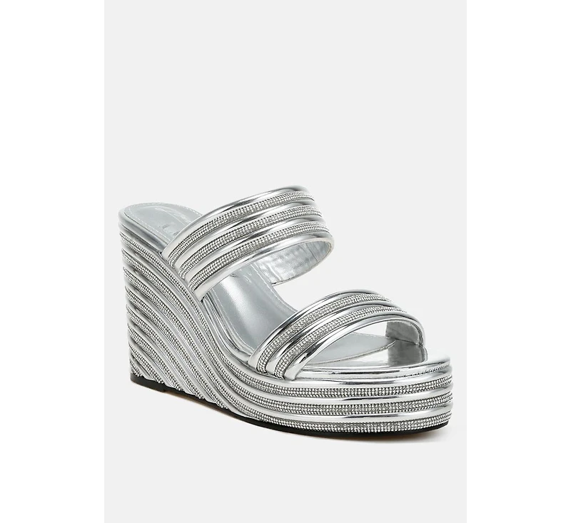 Benched Metallic Faux Leather Wedge Sandals