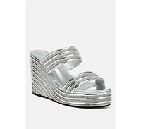 Benched Metallic Faux Leather Wedge Sandals
