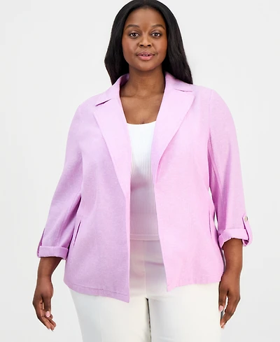 Kasper Plus Open-Front Seamed Roll-Tab-Sleeve Jacket