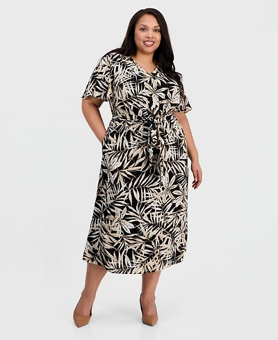 Kasper Plus Printed V-Neck Flutter-Sleeve Dress