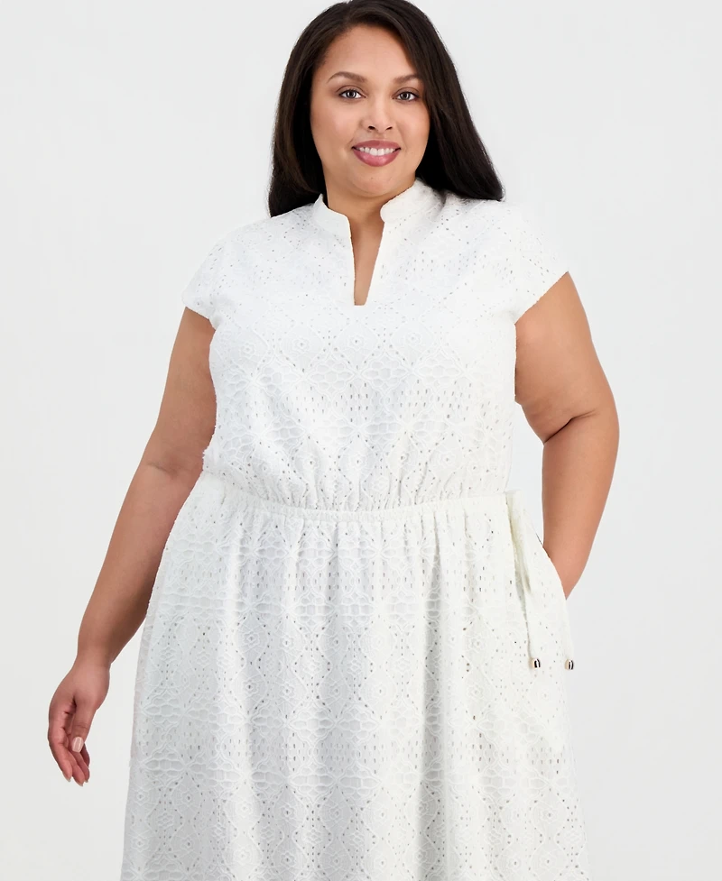 Kasper Plus V-Neck Cap-Sleeve Eyelet Dress