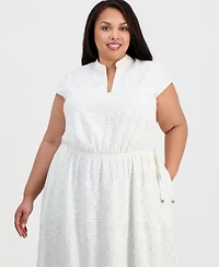 Kasper Plus V-Neck Cap-Sleeve Eyelet Dress