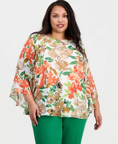 Kasper Plus Printed Ruffled-Sleeve Blouse