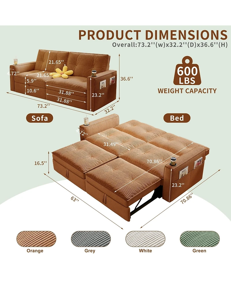 Boyel Living Multi-Functional Convertible Sofa Bed 2-in-1 Multi-Functional Pull Out Sofa Bed, Modern Corduroy Fabric Sofa Couches with Cup Holders