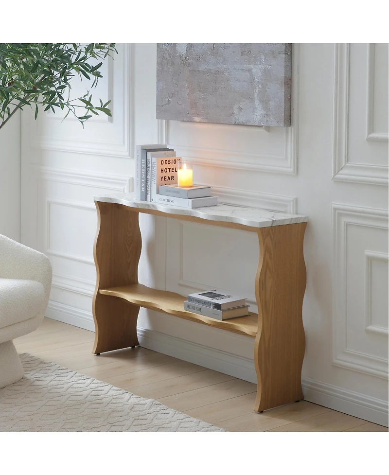 Boyel Living 47.24" Whisper of Waves Modern Console Table w/ Marble-Pattern Top, Solid Wood Veneered Open Storage Shelf, Entryway