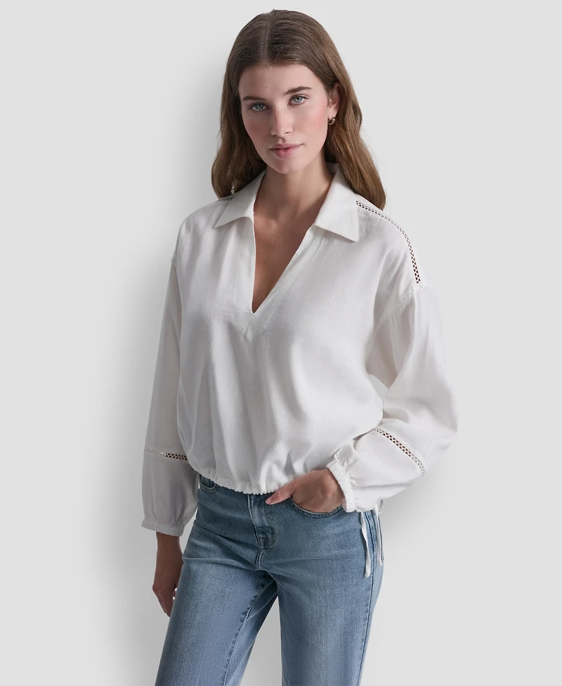 Dkny Jeans Women's Cropped Long-Sleeve V-Neck Shirt