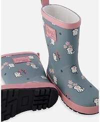 Deux par Little Girls Rain Boots Natural Rubber Green Cat Print