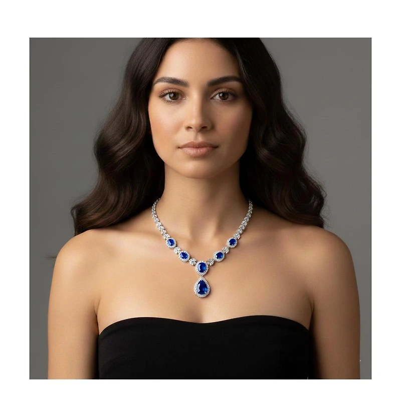 Sterling Silver White Gold Plated with Colored Cubic Zirconia Dangle Necklace