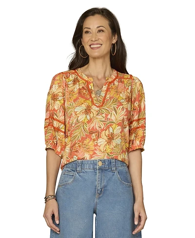 Democracy Petite Smock Mandarin Collar Neck Top