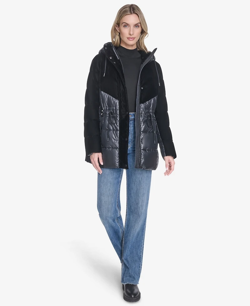 Women's Varna Velvet Mixed Quilted Puffer Jacket Within Attached Hood
