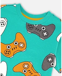 Deux par Big Boys ganic Cotton Jersey T-Shirt Blue Printed Gamepads