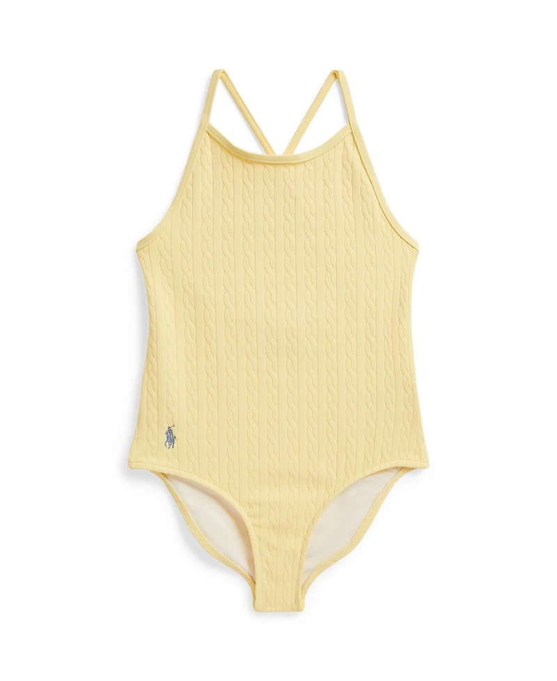 Polo Ralph Lauren Girls' 2T-6X Mini-Cable Jacquard Round Neck One-Piece Swimsuit