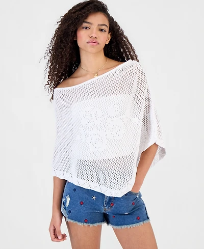 Hooked Up by Iot Juniors' Flower-Detail Crochet Poncho