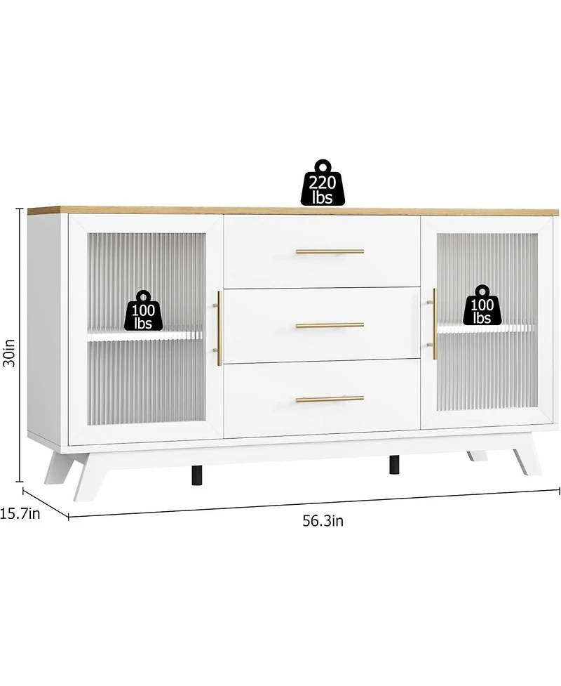 Gaomon 56" Large Sideboard Buffet with Drawer, Storage Cabinet Adjustable Shelves and Fluted Glass Door, Modern Coffee Bar