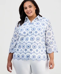 Anne Klein Plus Size Collared Eyelet-Embroidered Shirt