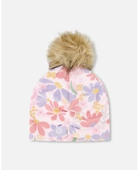 Deux par Deux Baby Girls Stretch Jersey Hat Flower Print with Pompom