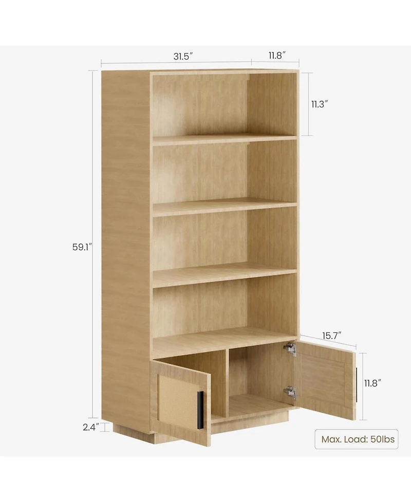 gaomon 5 Tier Bookshelf, Boho Bookcase with Rattan Doors, Wooden and Bookshelf Storage, Tall Book Stand, Large for Living Room