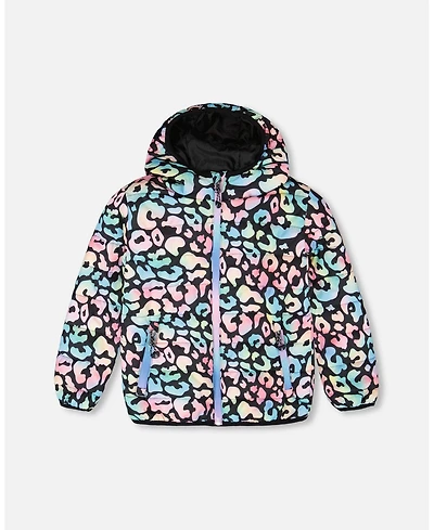 Deux par Big Girls Quilted Mid-Season Jacket Black Animal Print