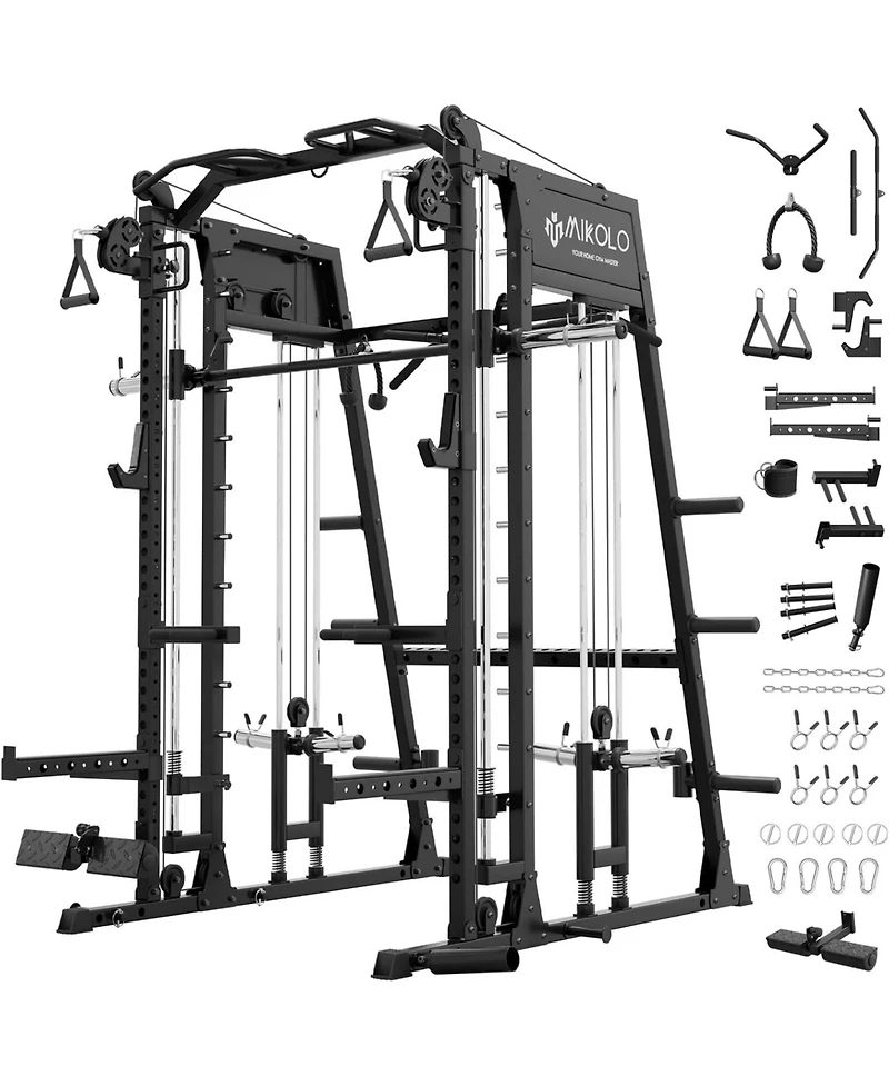 Mikolo Smith Machine, 2200lbs Squat Rack with Lat-Pull Down System & Cable Crossover Training Equipment Leg Hold-Down Attachment