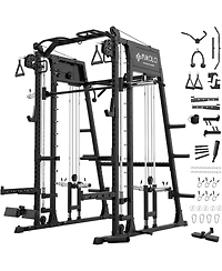 Mikolo Smith Machine, 2200lbs Squat Rack with Lat-Pull Down System & Cable Crossover Training Equipment Leg Hold-Down Attachment