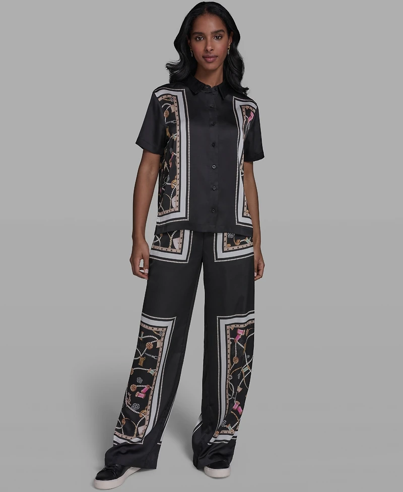 Karl Lagerfeld Paris Women's Collared Short-Sleeve Printed Top