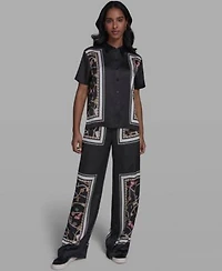 Karl Lagerfeld Paris Womens Collared Short Sleeve Printed Top Pants