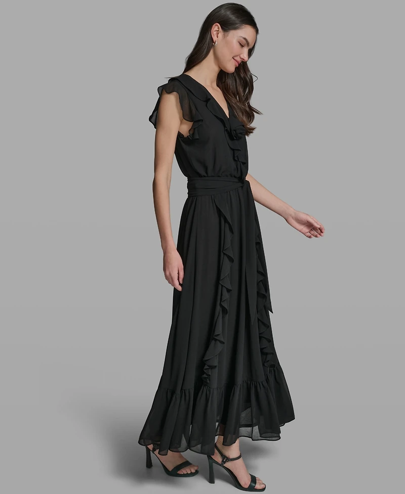 Karl Lagerfeld Paris Women's V-Neck Ruffle Trim Dress