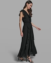 Karl Lagerfeld Paris Women's V-Neck Ruffle Trim Dress