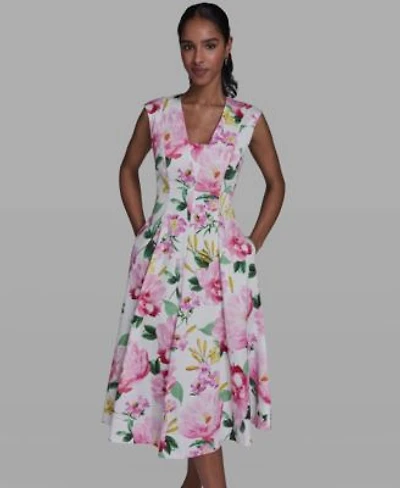 Karl Lagerfeld Paris Womens Placed Floral V Neck Midi Dress