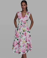 Karl Lagerfeld Paris Womens Placed Floral V Neck Midi Dress