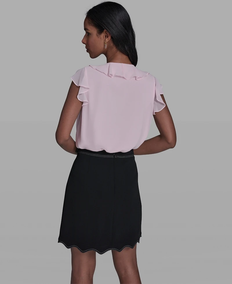 Karl Lagerfeld Paris Women's Ruffle Rosette Trim V-Neck Blouse