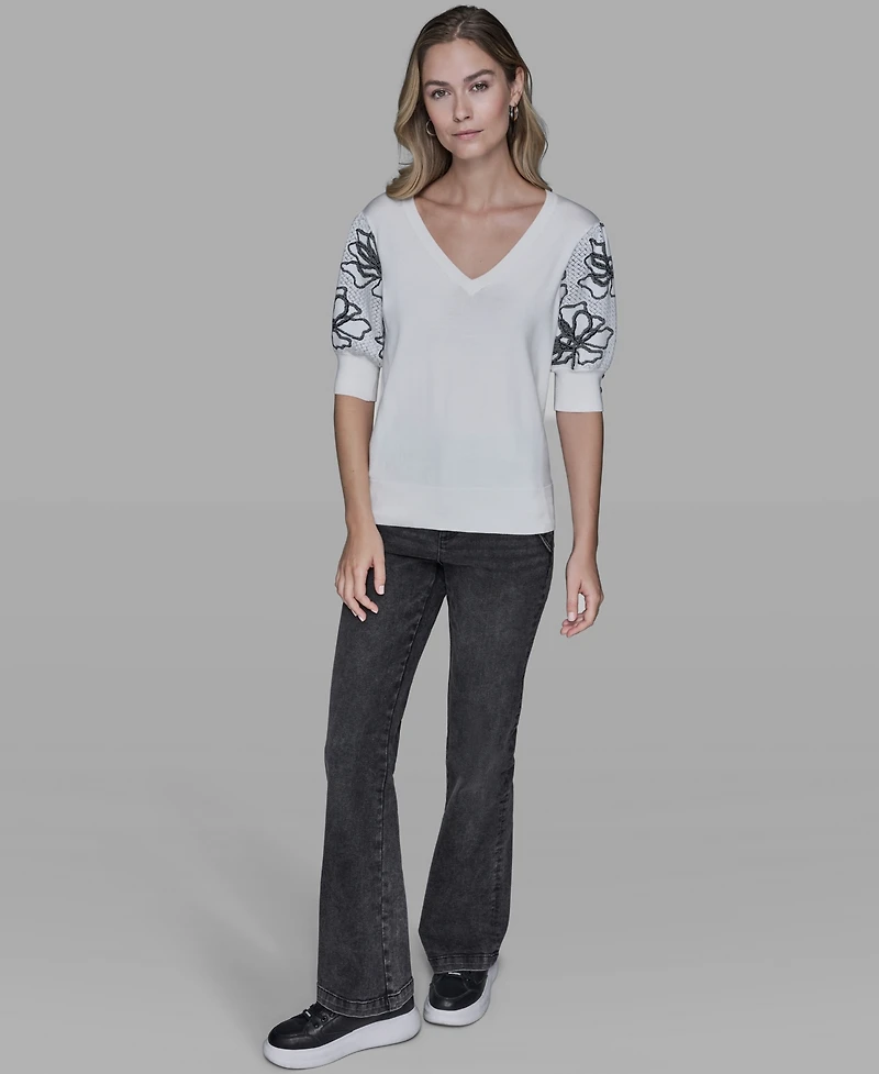 Karl Lagerfeld Paris Women's Floral Short-Sleeve Sweater