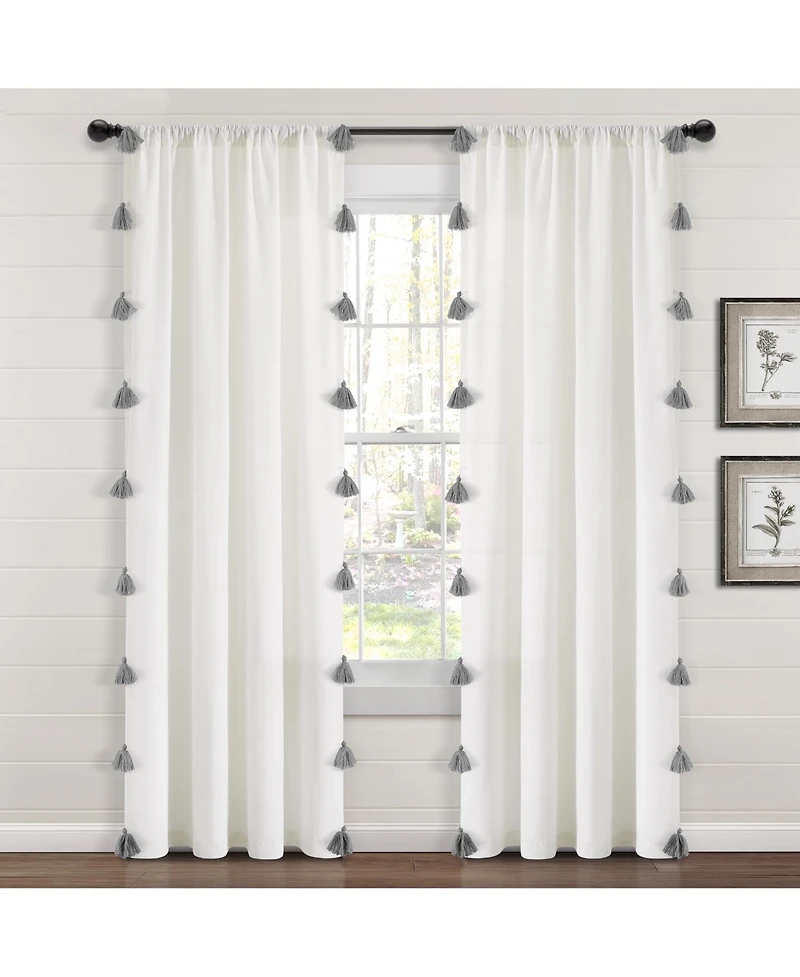 Lush Decor Boho Faux Linen Texture Tassel Window Curtain Panel Single 52"W x 84"L White & Gray - White Curtains For Bedroom