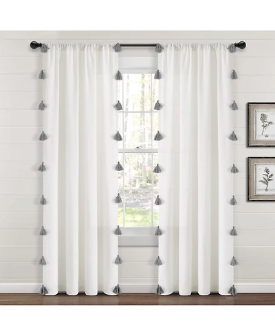Lush Decor Boho Faux Linen Texture Tassel Window Curtain Panel Single 52"W x 84"L White & Gray - White Curtains For Bedroom