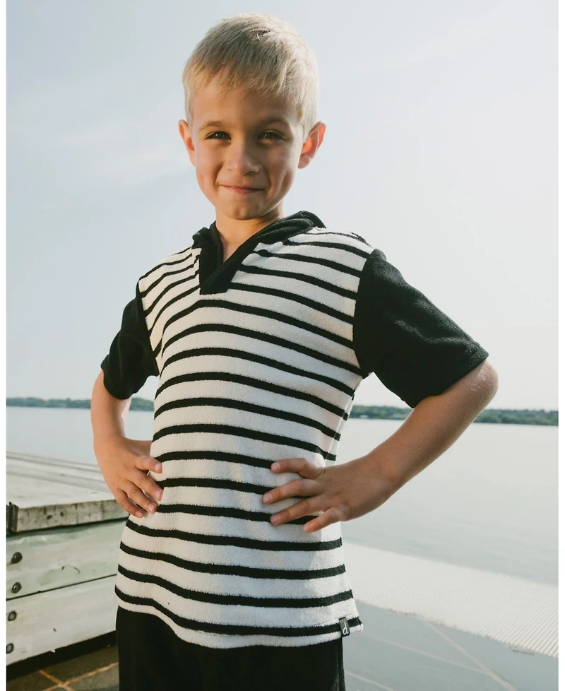 Deux par Deux Toddler Boys Hooded Terry T-Shirt with Shorts Set Black and White Stripes