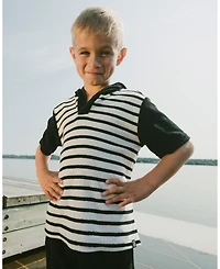 Deux par Deux Toddler Boys Hooded Terry T-Shirt with Shorts Set Black and White Stripes