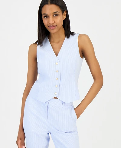 Tahari Asl Women's Seersucker Stripe Cotton Button-Front Vest
