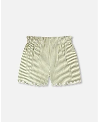 Deux par Deux Big Girls Shorts Green and Off White Stripes with Embroidery