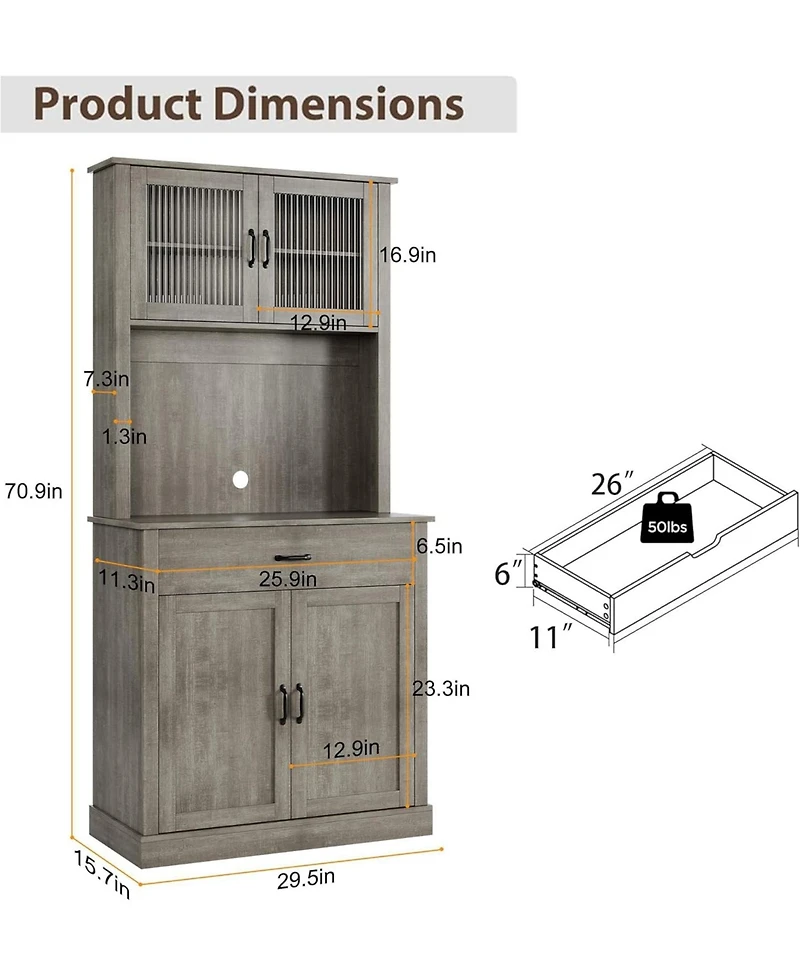 gaomon Kitchen Pantry Cabinet with Microwave Stand, 71”Freestanding Tall Kitchen Cabinet with Doors and Shelves for Dining Room