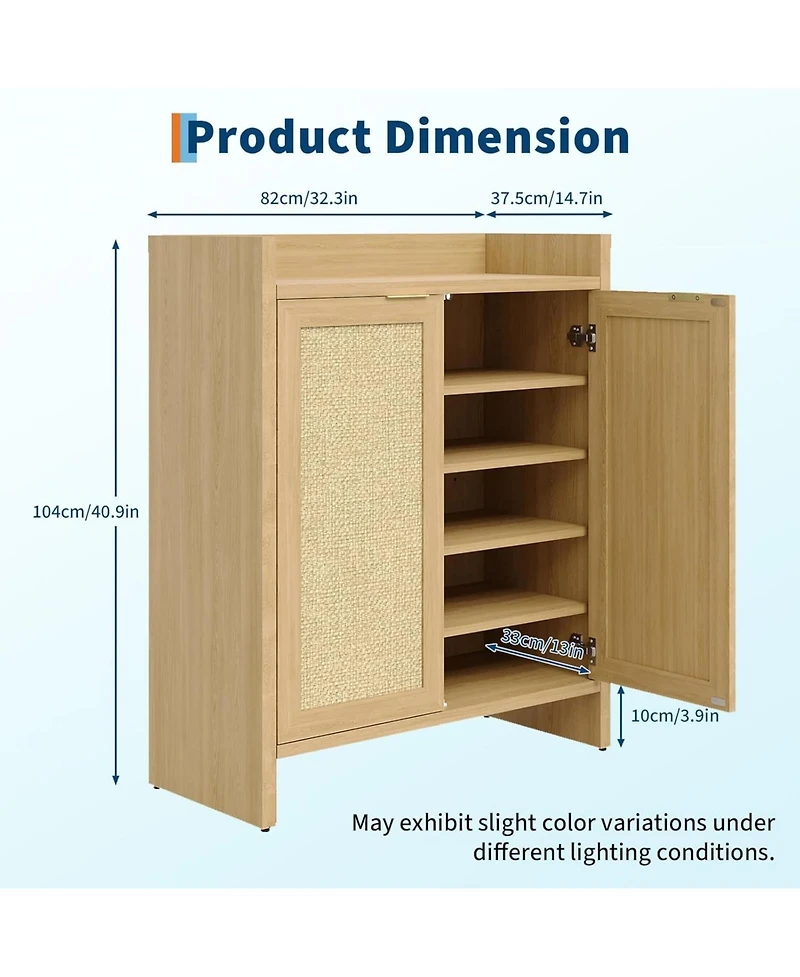 Gaomon Entryway Rattan Shoe Cabinet, Wooden Storage with Adjustable Shelves and Guardrail Top, Freestanding Hallway Rack