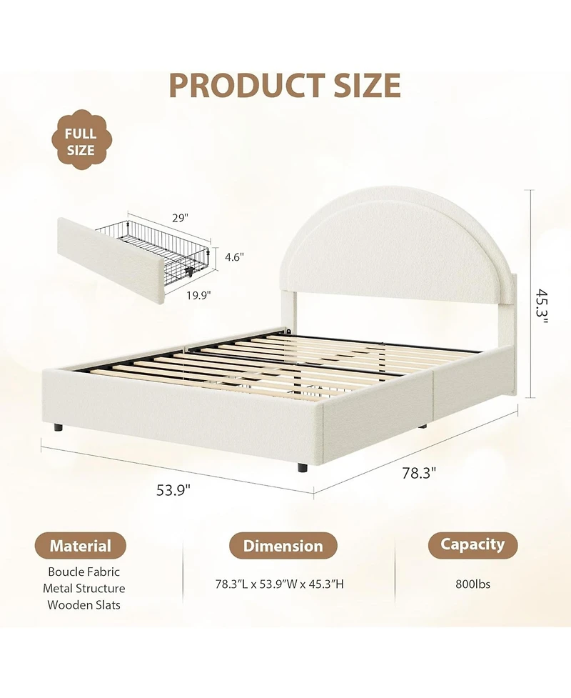 gaomon Boucle Bed Frame with 2 Storage Drawers, Soft Upholstered Platform Round Headboard, Heavy Duty, Wooden Slats