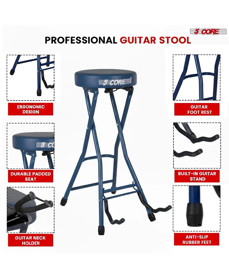 5 Core Guitar Stool 3.15" Padded Chair Foldable Heavy Duty Music Seat Built in Foot Rest Guitar Stand