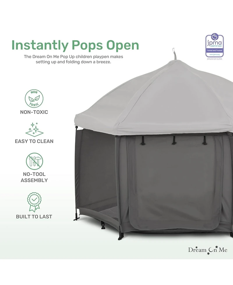 Dream On Me Baby Pop-Up Children Playpen, Instant One-Hand Open & Fold, Breathable Mesh Sides, Zipper Gate Travel Carry Bag