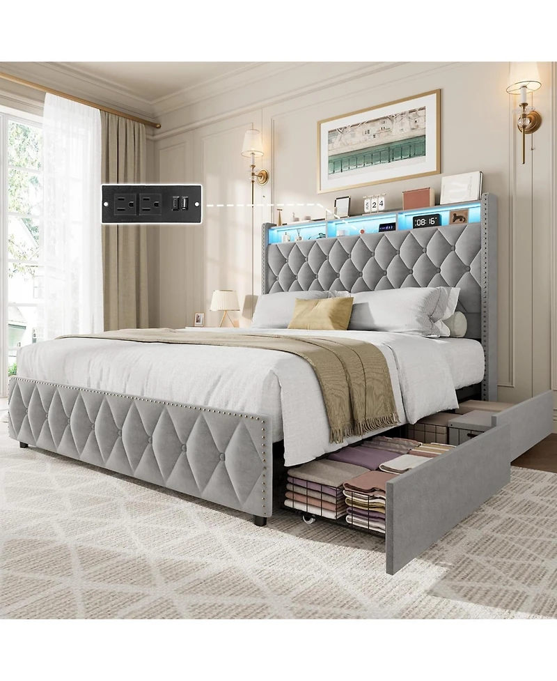Gaomon King Size Bed Frame with 50.8" Tall Headboard, Platform Velvet Upholstered Bed Frame with 4 Storage Drawers, Usb Charging Station, Led Lig