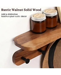 Yigii Walnut Wood Shelf & 5 Hooks Wall Rack for Coats, Bags, Living Spaces