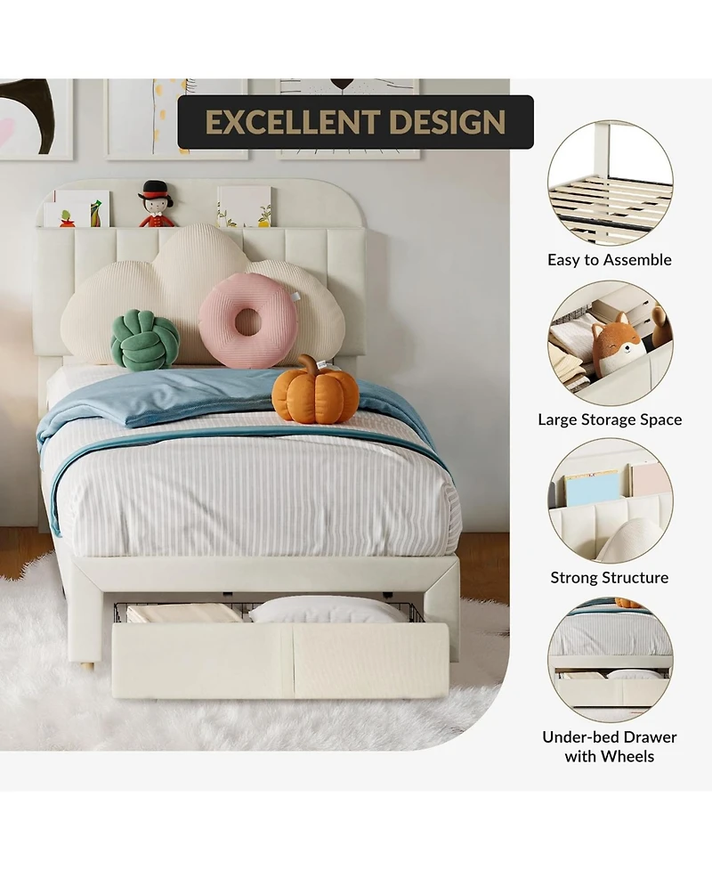 gaomon Twin Bed Frames with Storage Headboard, Velvet Upholstered Platform Frame Strong Wooden Slats