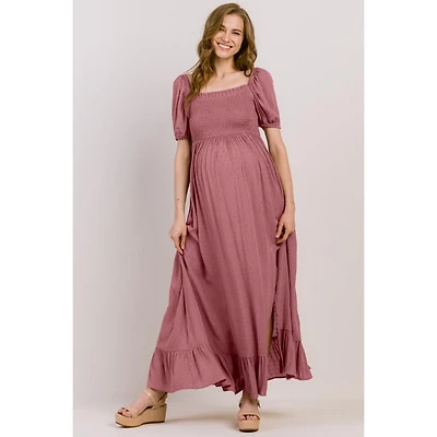 Hello Miz Maternity Smocked Swiss Dot Maxi Dress with Side Slit