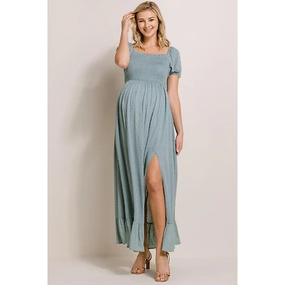Hello Miz Maternity Smocked Swiss Dot Maxi Dress with Side Slit