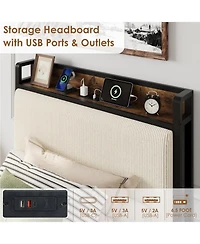 Twin Size Bed Frame with 2 Storage Drawers and Charging Station, Rustic Velvet Upholstered Platform Bedframe with Storage Headboard, No Box Spring