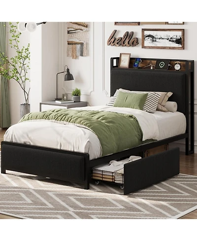 Twin Xl Size Bed Frame with Storage Headboard, Black Corduroy Upholstered Twin Platform Bedframe with Storage Drawers and Charging Station, No Box